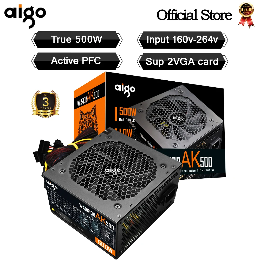 Блок питания Aigo AK для ПК 500 Вт черный тихий блок игр 120 мм rgb вентилятор 24 контакта 12