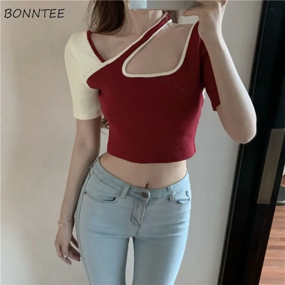 

Летние Новые поступления, облегающие футболки с коротким рукавом, лоскутный кроп-топ в Корейском стиле, универсальные топы, базовые модные ...