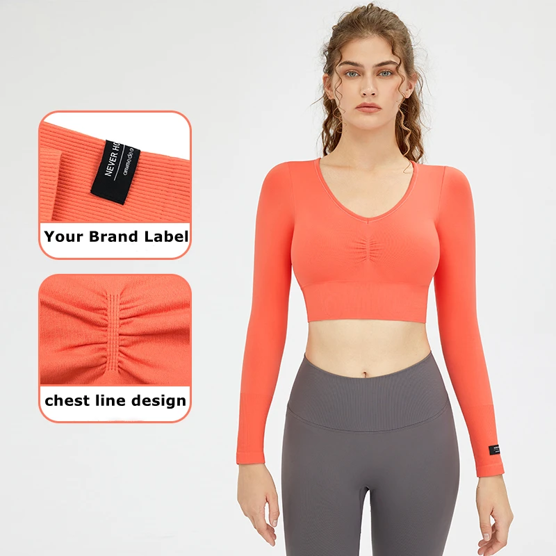 

Бесшовные футболки с длинными рукавами для танцев, тренажерного зала, йоги, женская футболка с V-образным вырезом, облегающий спортивный тренировочный простой укороченный топ с нагрудной подушкой