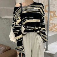 womens striped korean round neck loose sweaters knitwear womens thin casual pullover t shirt spring and autumn crop sweaters
