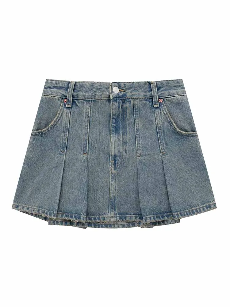 

Women New Chic Fashion Side Pockets decoration Wide pleated Denim Mini Skirt Vintage High Waist Zipper Female Skirts Mujer