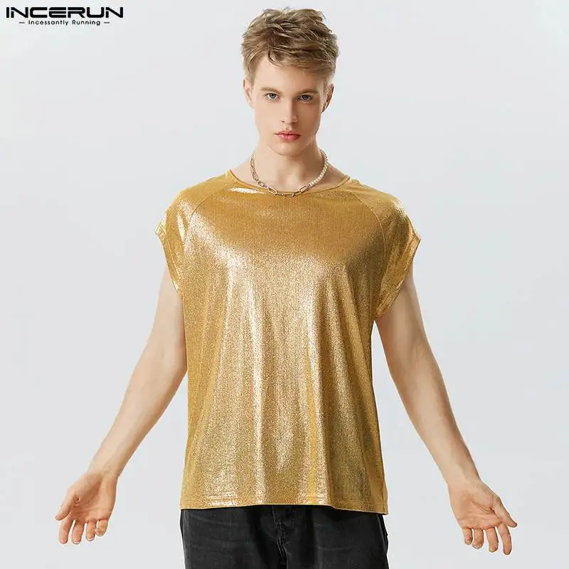 

Party Nightclub Style Tops INCERUN Men Sleeveless Solid All-match Glitter Fabric Shirts Handsome Male Samrt Shining Blouse S-5XL