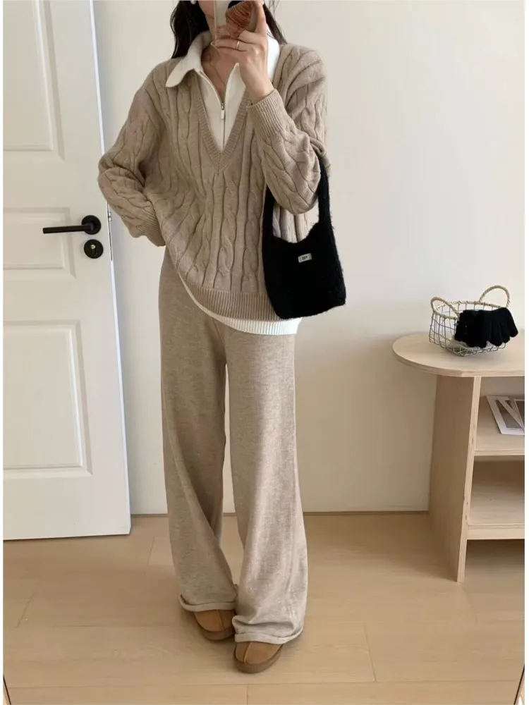 Zipper Fake Two Piece Swaeter And Wide Leg Pant SetTwisted Knit Top + Trouser Chic Women Set Winter Autumn Female Outfits 2024