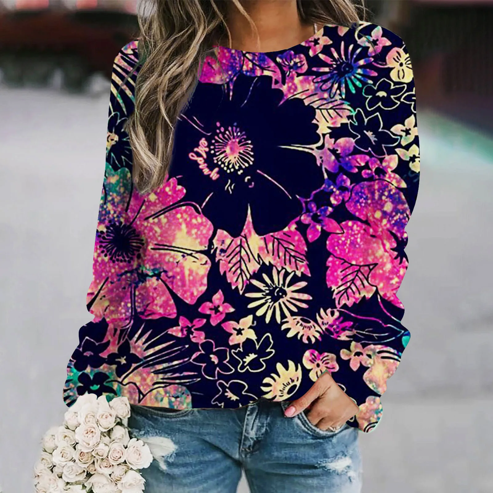 

2022 Autumn Women New Colorful Floral 3d Print Sweatshirt Ladies O Neck Long Sleeve Casual Loose Hoodie Streetwear Pullover Tops