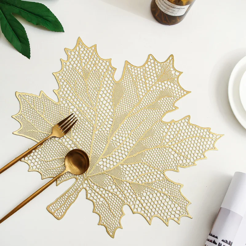 

6/4pcs Nordic Wutong Leaf Placemat Hollowed Out PVC Solid Color Gilding Dining Table Mat Ins Anti-skid Heat Insulation Decor mat