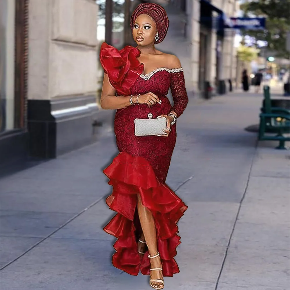 

Women Luxury Formal Dress 2023 New Off Shoulder One Sleeve Tiered Ruffle Slit Long Burgundy Lace Dress Lady Party Evening Dress