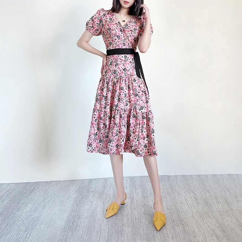 

Cute Floral Print V Neck Belted Waist Midi Dress S-XL Summer New Collections