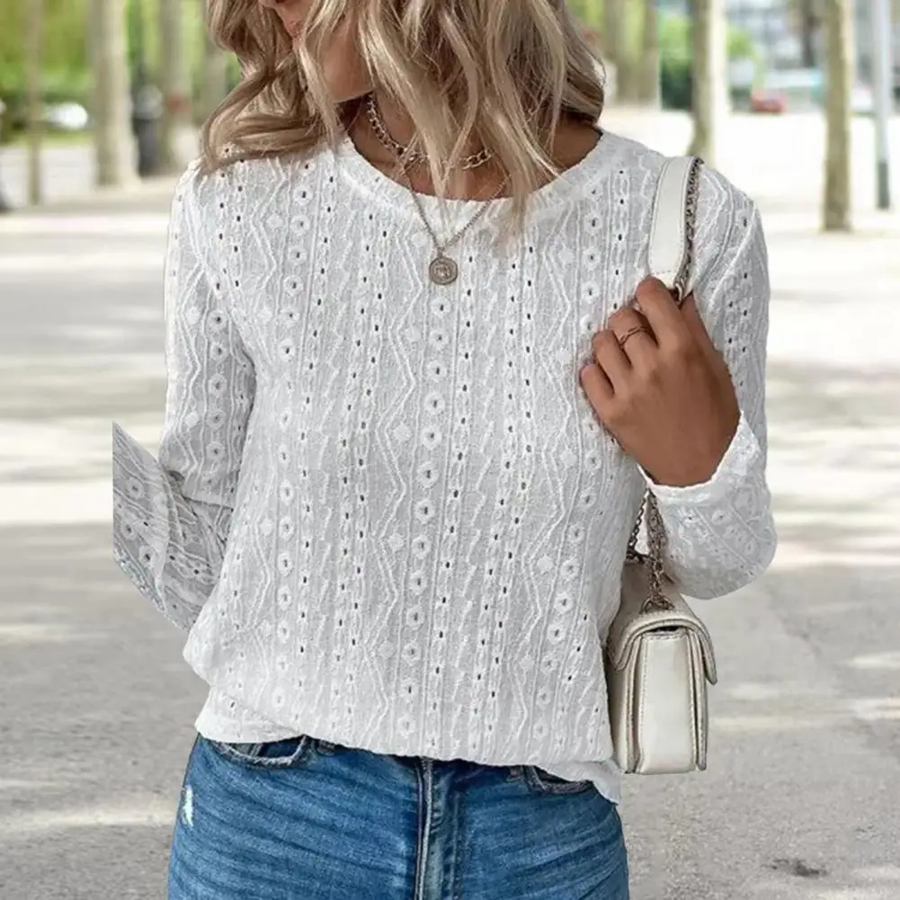 

Женская жаккардовая блузка с длинным рукавом и круглым вырезом