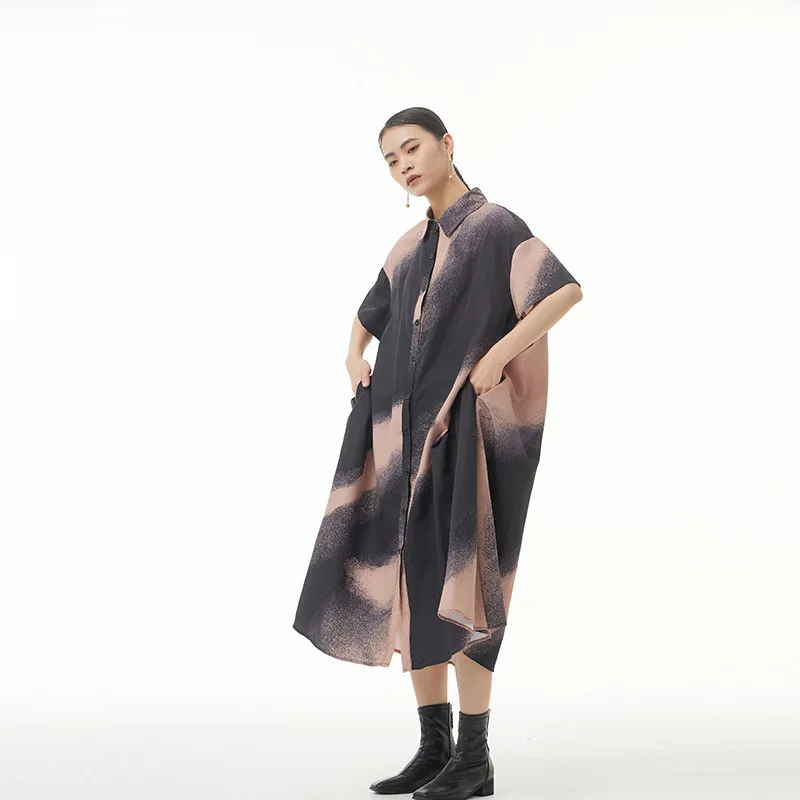 

SuperAen 2022 Summer New Oversized Loose Thin Gradient Abstract Printing Turn-down Collar Straight Casual Dresses for Women