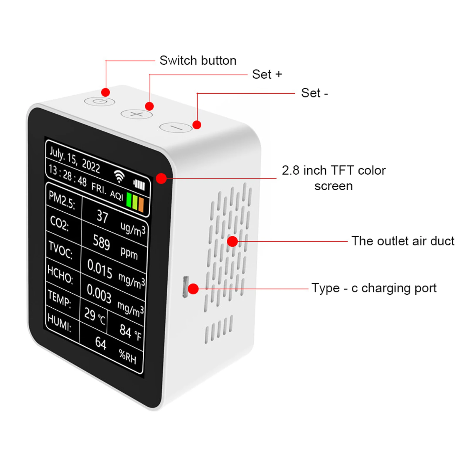 

Tuya WiFi Smart Air Quality Detector Temperature Humidity AQI 7 In 1 Monitor Mobilephone APP Remotes Viewing Home Indoor Desktop