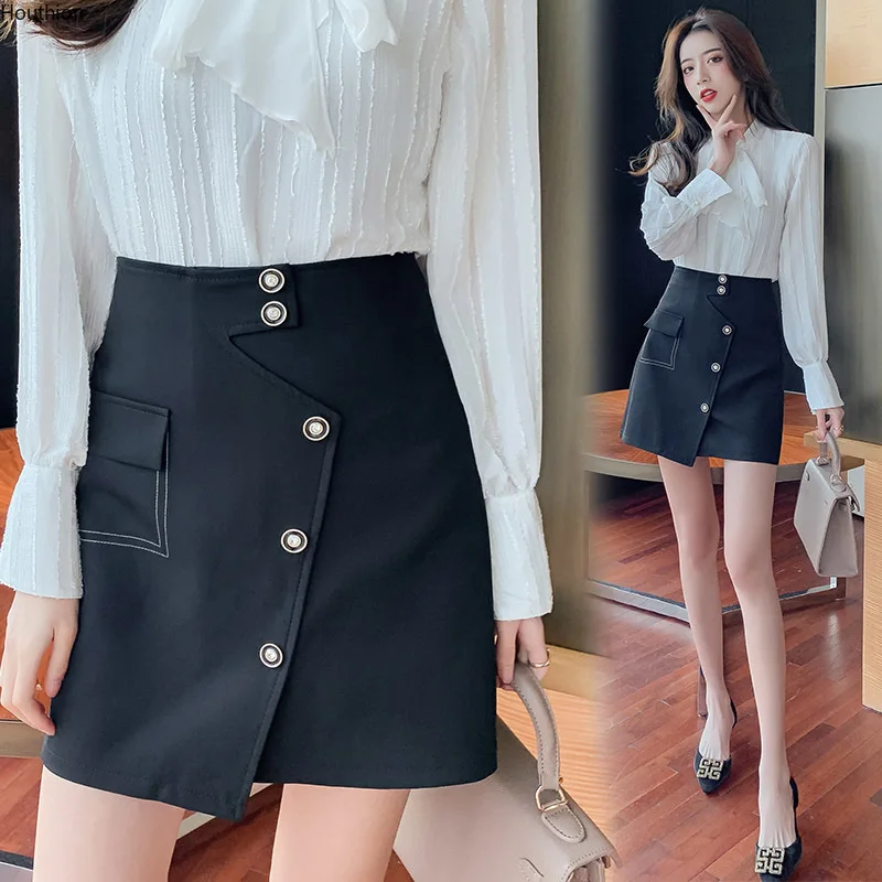 

Облегающая женская мини-юбка, Новая повседневная модная однотонная трапециевидная юбка на молнии с карманами и пуговицами, женская одежда ...