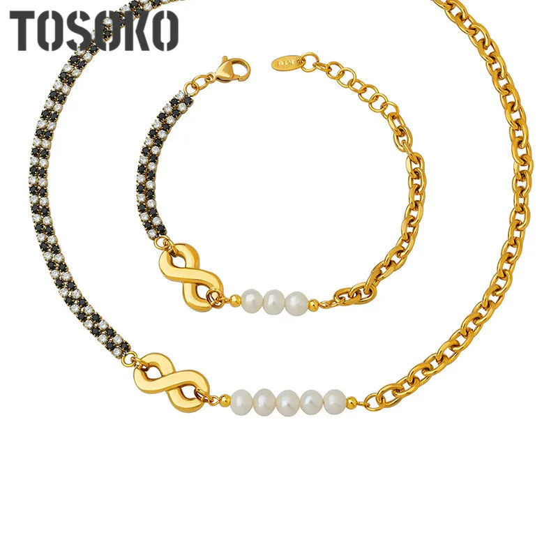 

TOSOKO Stainless Steel Jewelry Thick Chain Inlaid With Zircon Chain Splicing 8 Shape Geometric Necklace Bracelet Set P1372-E382