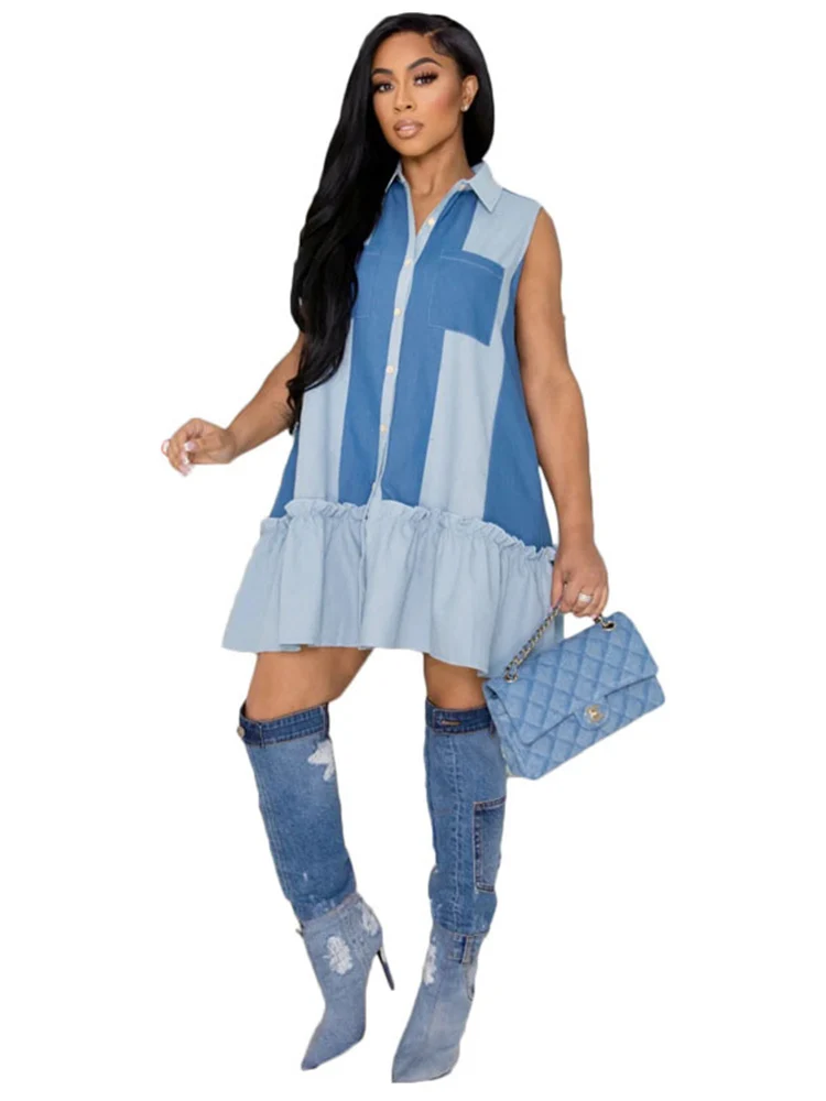 

Szkzk Loose Ruffles Denim Mini Dresses With Button Women sleeveless Nightclub Birthday Party Outfits Patchwork Colors Sexy Dress