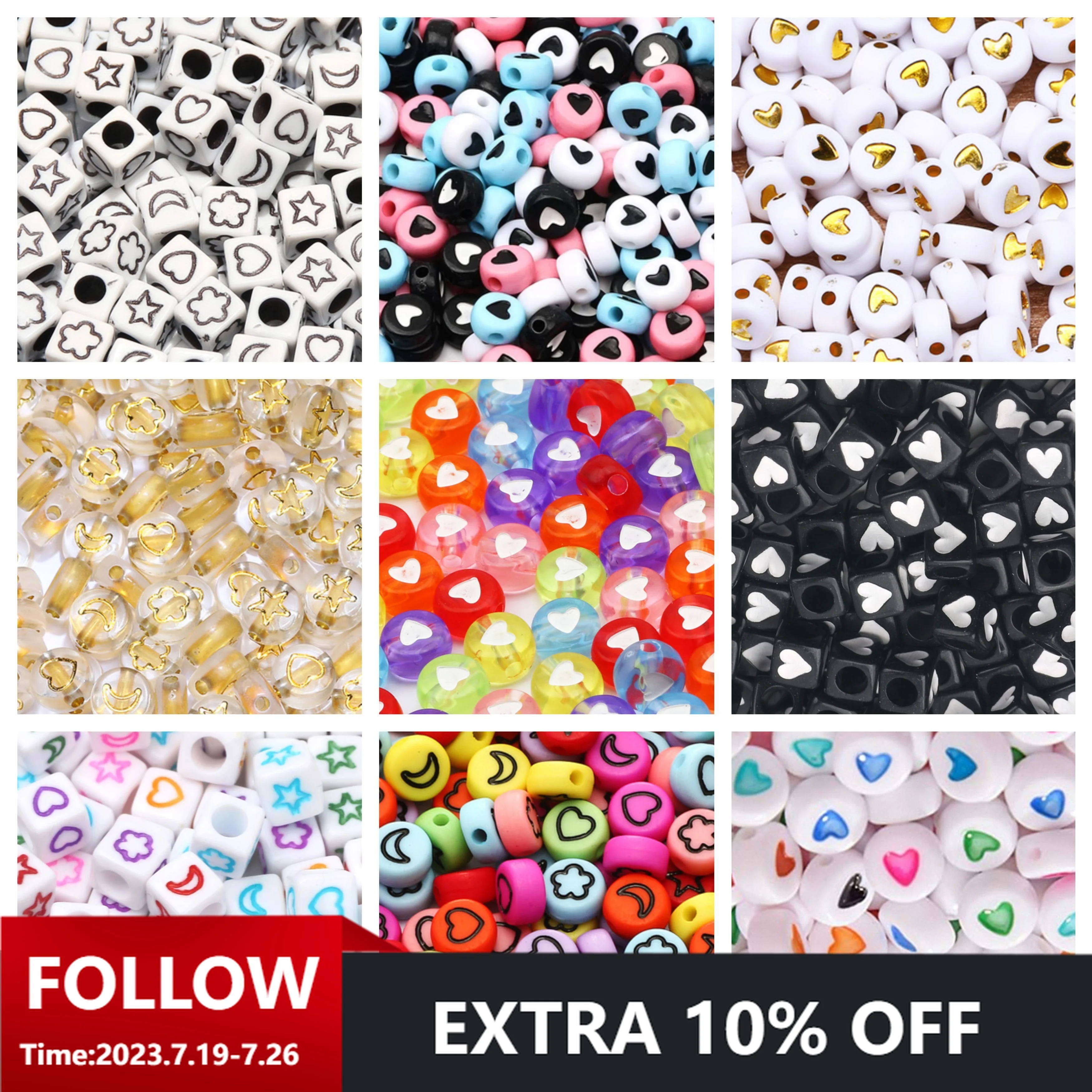 

100Pcs Love Heart Stars Square Beads Acrylic Flat Round Spacer Loose Beads for Jewelry Making DIY Bracelet Necklace Accessories