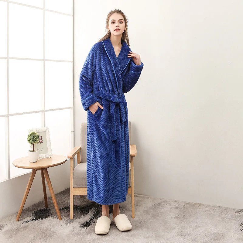 Warm Women's Bathrobe Fleece Winter Long Robe Solid Turn Down Collar Fluffy Ladies Dressing Gown With Sashes Robe For Female