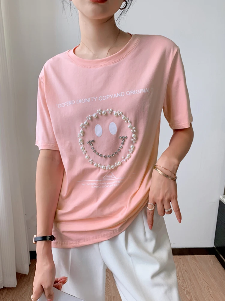 

Женская футболка с коротким рукавом gkfnmt, белая или розовая хлопковая Футболка с улыбающимися блестками и бисером, в Корейском стиле, голуба...