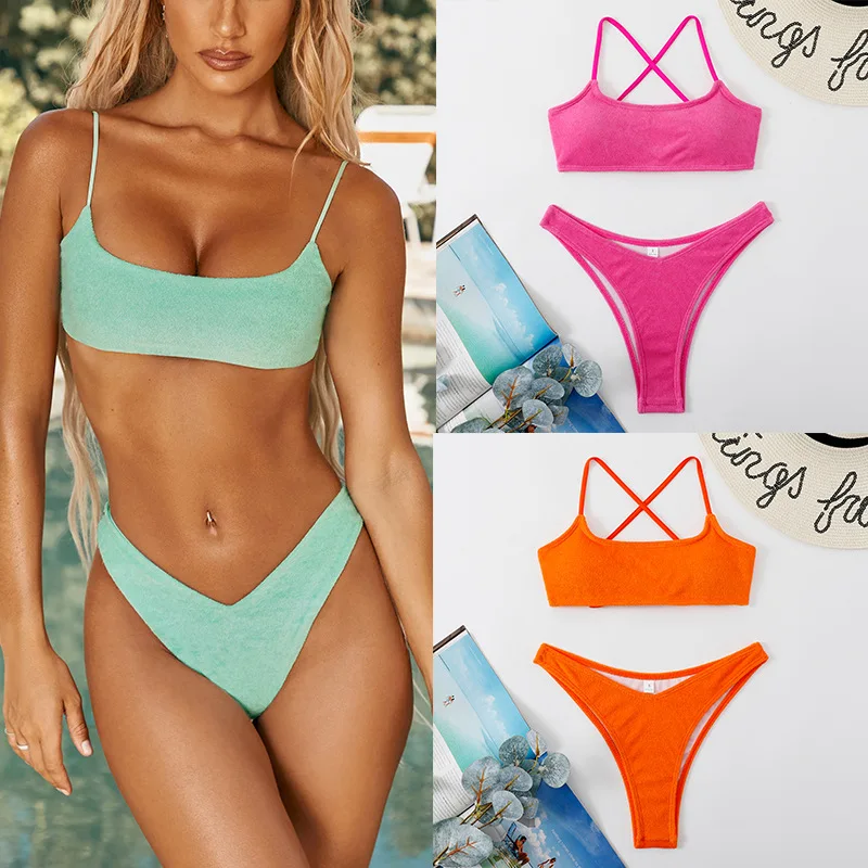 

022 New Bikini Split Swimsuit High Waist Sexy Backless Fluorescent Candy-colored Solid Color Bikini