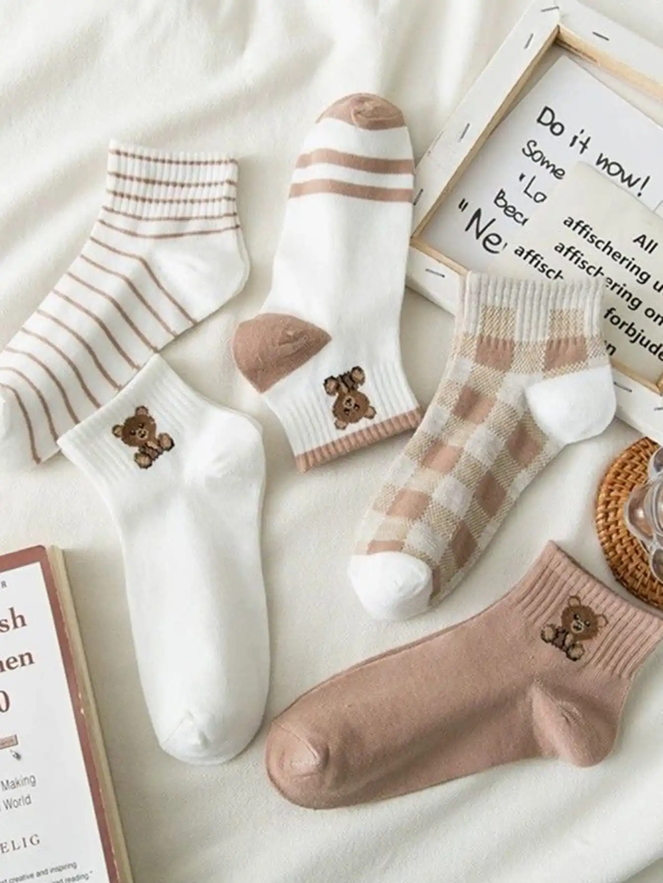 5 Pairs Low Tube Women Socks Set Striped Bear Pattern Cute Bear For Women Fashion Style Casual Comfortable For Famle Niche