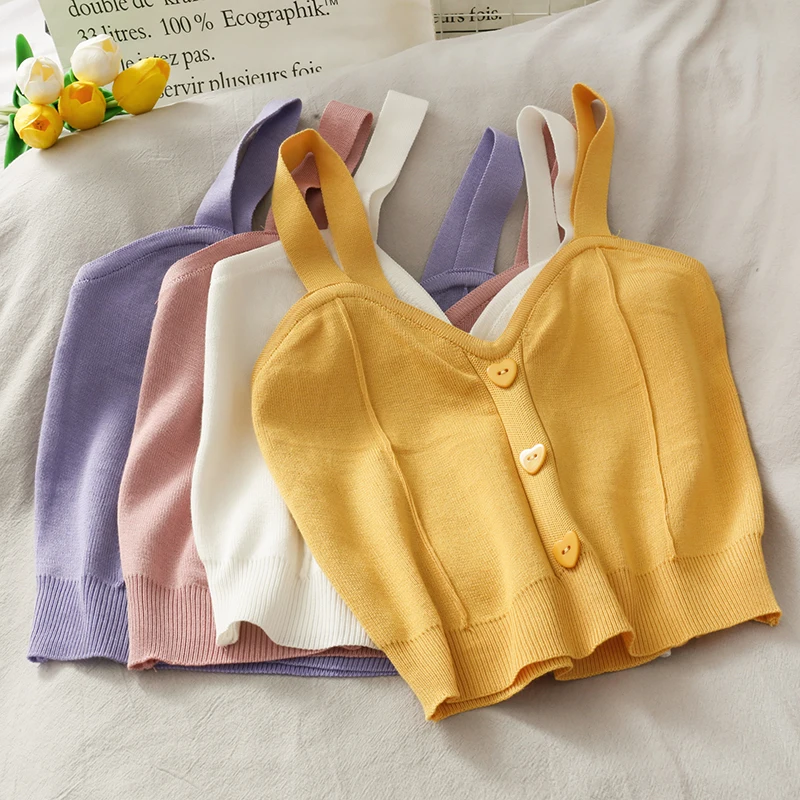 

Spaghetti Strap Summer Knitted Camis Tops Women Heart Buttons Knitwear Slim Sexy Shirts Sweet Casual Tank Tops Sleeveless