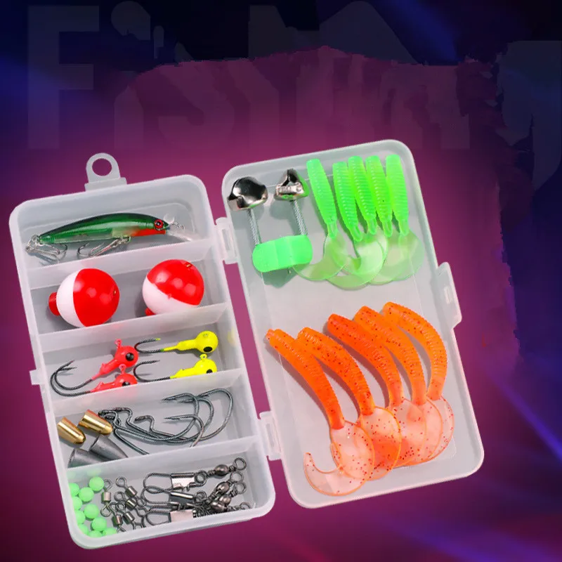 

Fishing Tackle Accessories Lure Kit Texas Rig 46 Pieces Set Soft Bait Minnow Alertor Float T Tail Worm Hook Jig Head Down Sinker