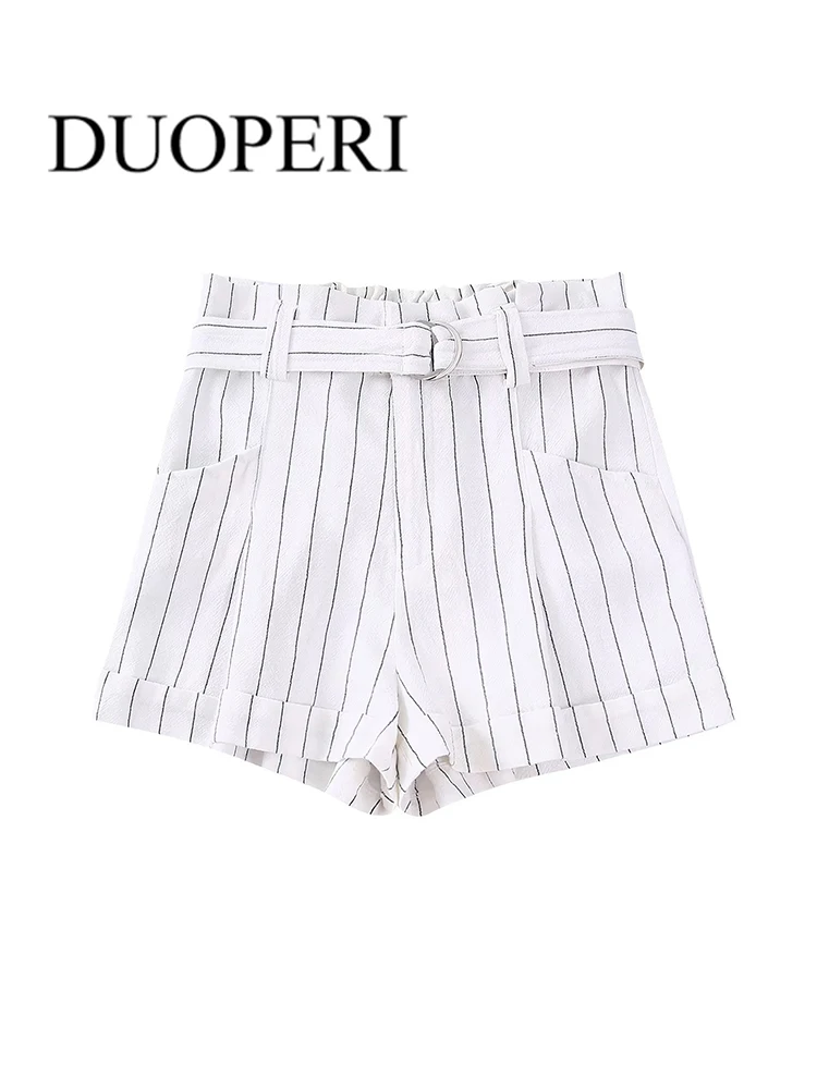 

DUOPERI Women FashionStriped Short With Belt Vintage Front Zipper High Waist Female Chic Pants Outfits