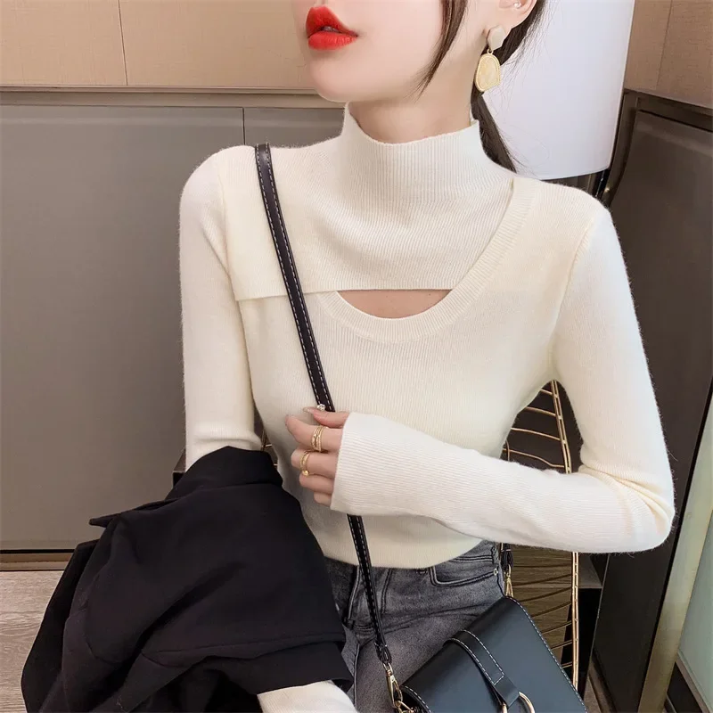 Модный облегающий вязаный пуловер с воротником-хомутом женский новый однотонный