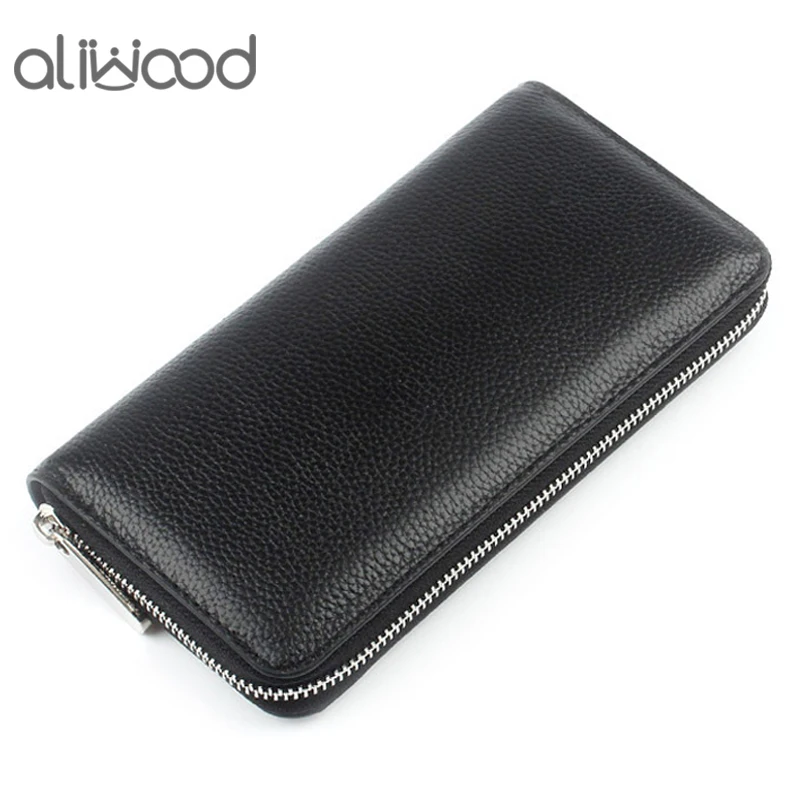 Aliwood Simple Genuine Leather Women Men Long Wallet High Quality Men's Cowhide Clutch Wallets Money Clip Zipper Purse Carteras