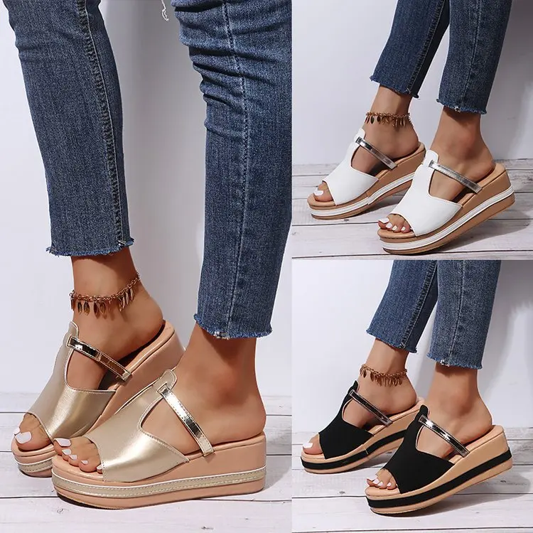 

House Slippers Platform Shoes Peep Toe Slides Big Size On A Wedge Slipers Women Low Summer 2023 Soft Hoof Heels Fabric Rome Rubb