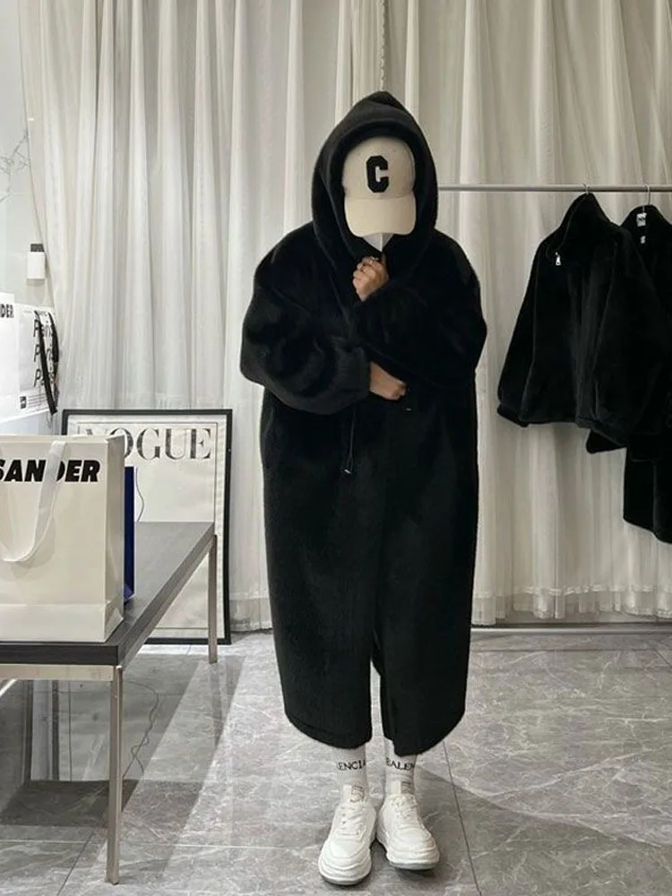 Длинное женское пальто с капюшоном из искусственного меха плотное бархатное