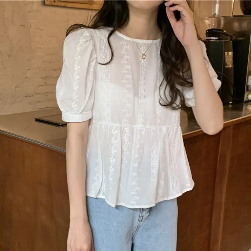 

HziriP White Women Retro Blouses Hollow Out Girls Chic All Match 2022 High Street Short Sleeve Summer Slim Casual Work Wear