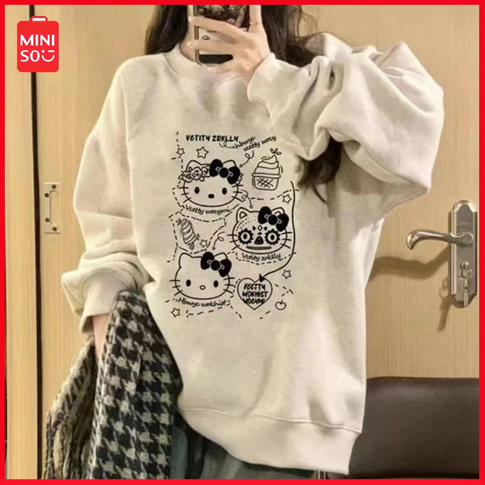 

New Miniso Sanrio Hellokitty Hua Cotton Round Neck Sweater Fall Winter Oversize Loose Niche Fall Winter Hoodless Tops Sport Coat