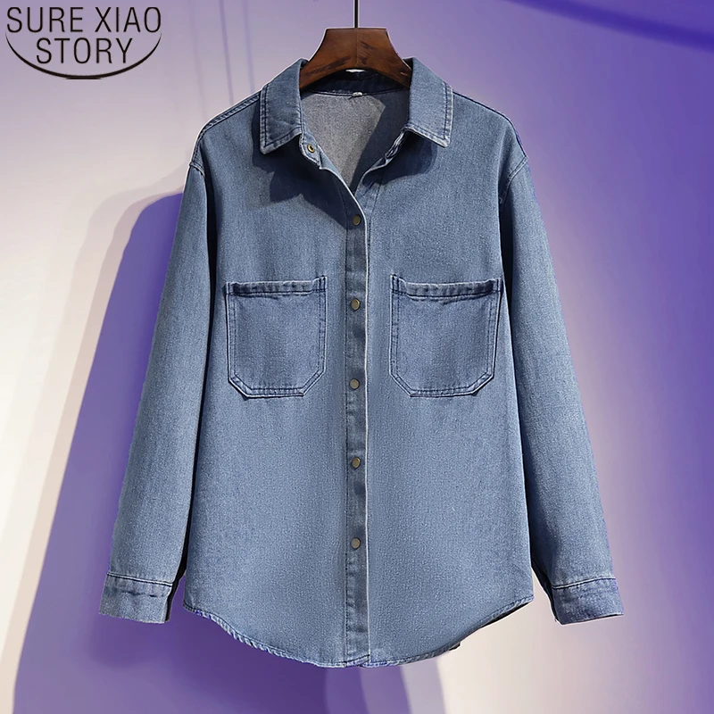 

Casual Jackets Pleasure S-5XL Cotton Denim Jacket Women Korean Loose Vintage Long Sleeve Shirt Handsome Pocket Clothes 17866