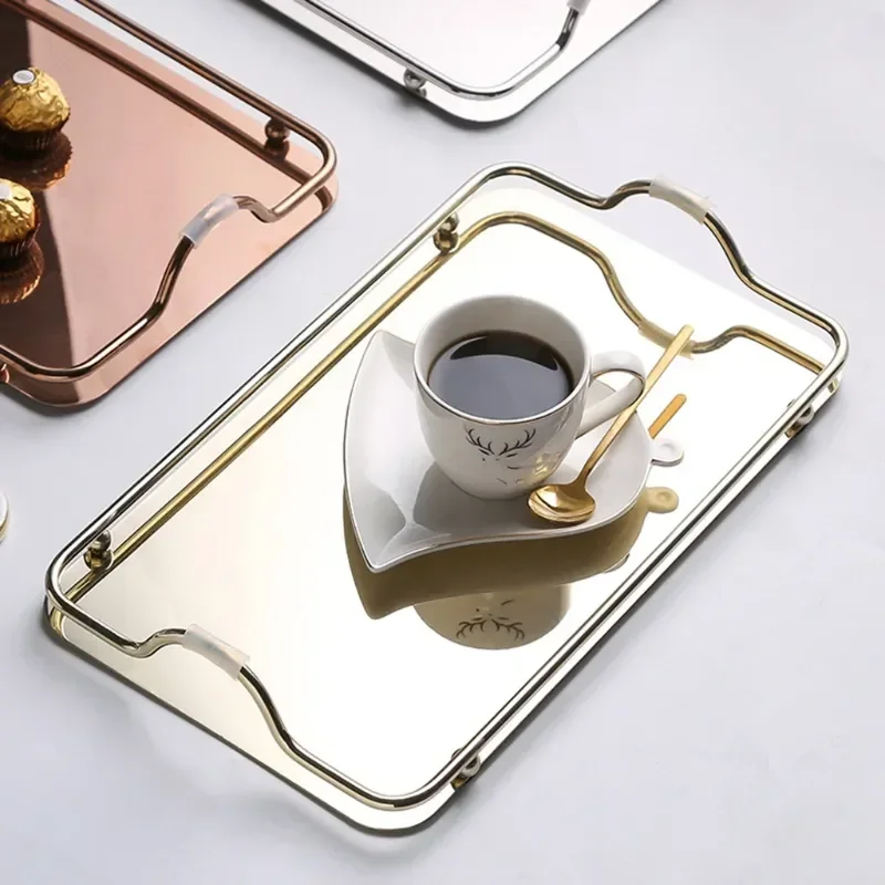 

Nordic Style Elegant Steel Handles Trays Storage Serving Cup Tray Mirror With Bar Stainless Hold Food Teapot Coffee Rectangular