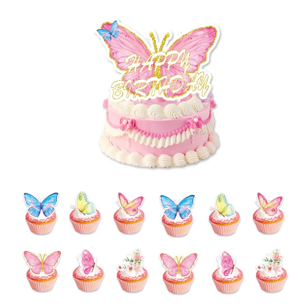 

Butterfly Theme Cake Toppers, Girl‘s Favor Butterfly Cake Inserts,Butterfly Happy Birthday Cake Inserts