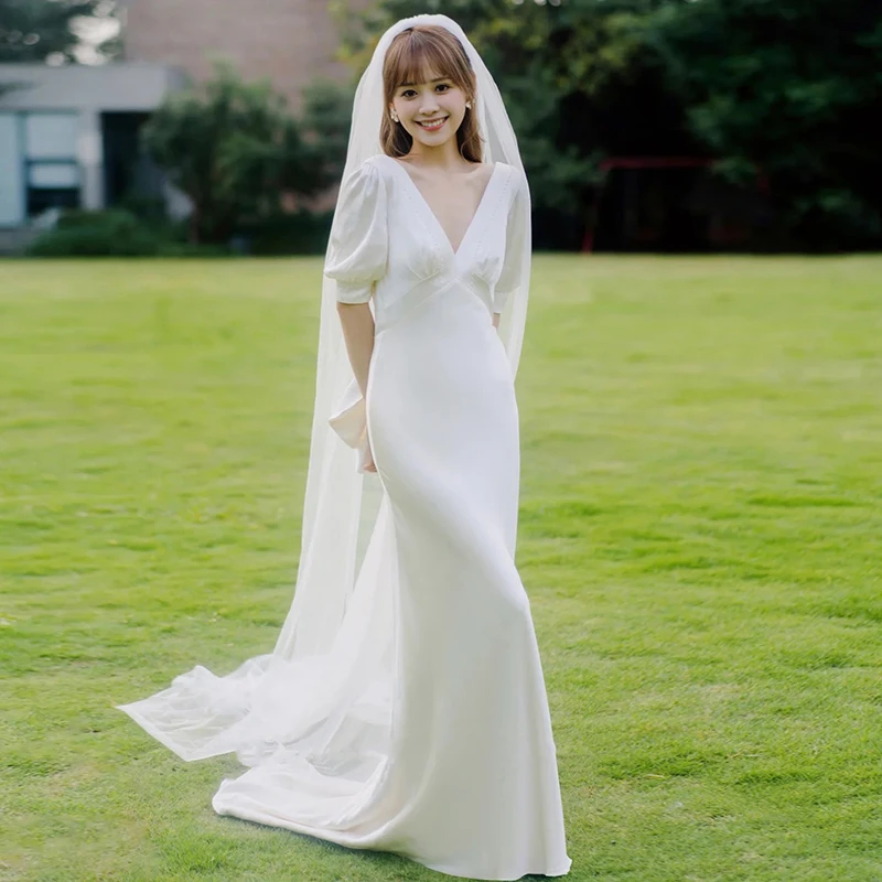 

Elegant Simple Sheath Puff Sleeves Sweep Train Vintage Sexy Soft Satin Ruched V-Neck Wedding Dress Gown Bridal Dress