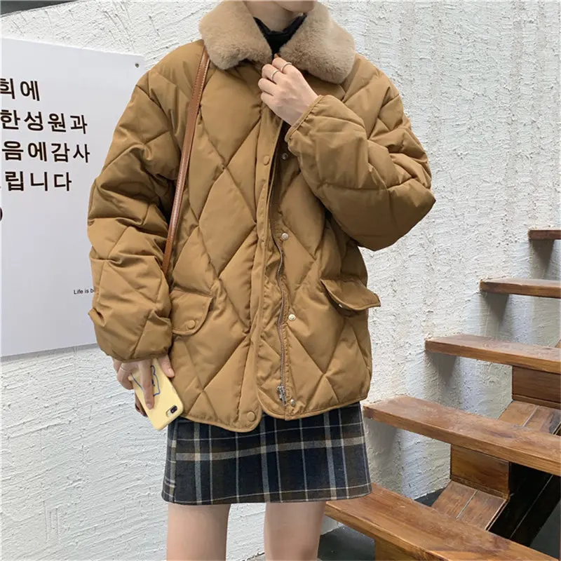 2021 Diamonds Women Thick Warm Loose Jacket Fur Collar Casual Fashion Womens Winter Cotton Coat Outerwear Feminina New Parkas