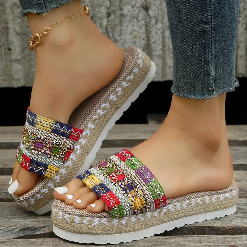 

2023 New Wedge Women's Sandals Outdoor Fashion Thick-soled Casual Ethnic Style Beach Shoes Weaving Hemp Rope Platform Slippers