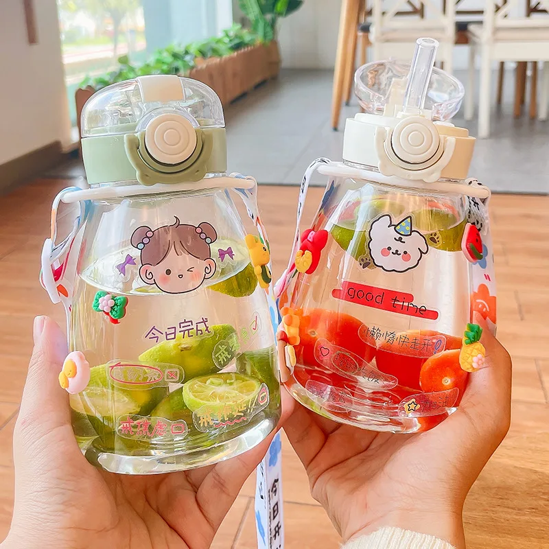 Sports Water Bottle 600ml Female Summer Portable Large-Capacity Straw Cup Cute Pot Belly Cup Student Children Water Bottle