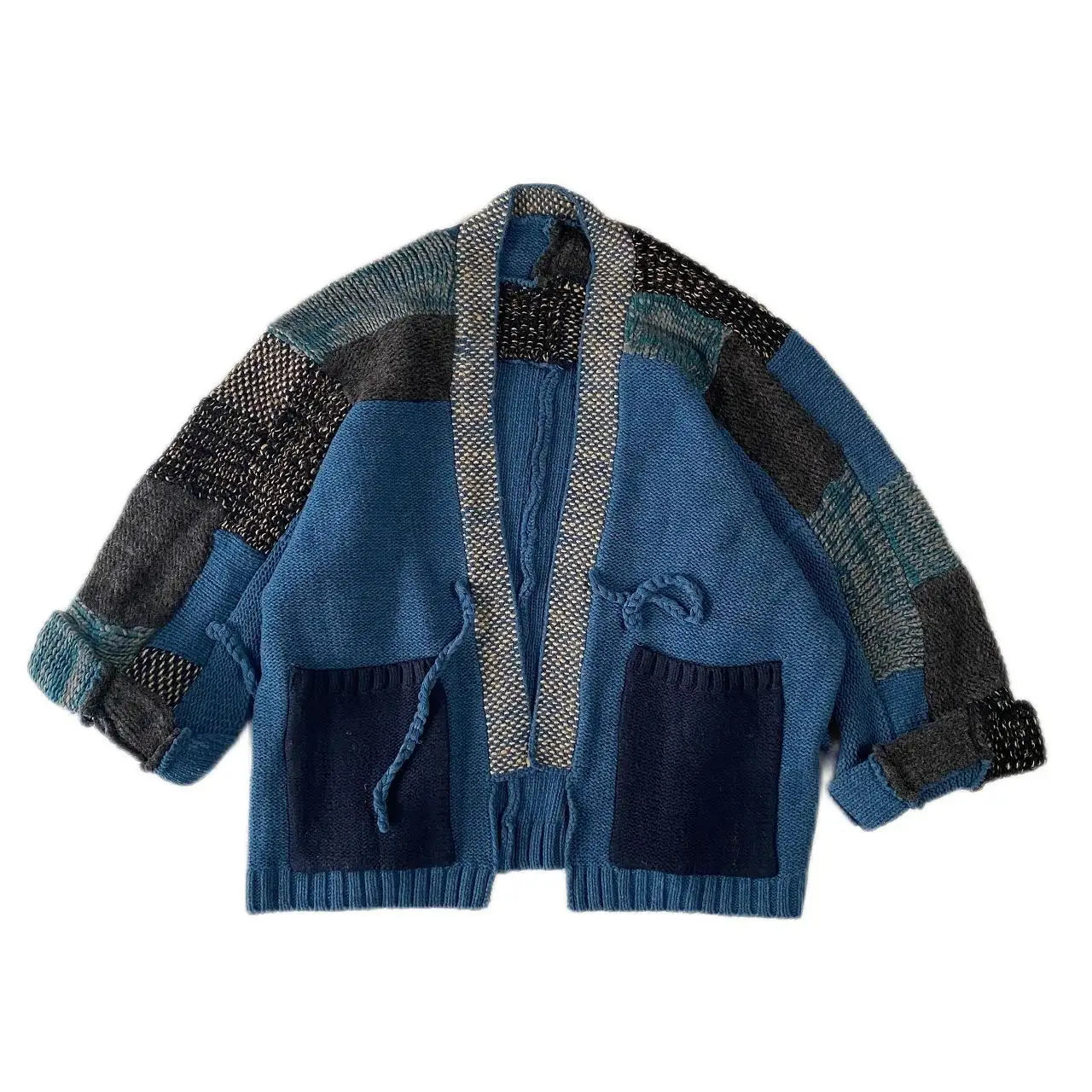 Kapital Stitching Knitted Japan Blue V-neck M-Length Thickened Coat Loose Cardigan Kimono Long Sleeve Plaid Wool Taoist Robe