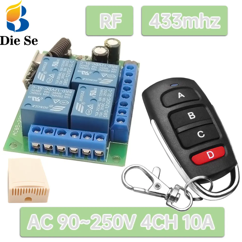 

433Mhz Remote Control Receiver RF Wireless Switch AC 110V 220V 10A Controller 4Ch Relay Module and Transmitter,for Gate Door LED