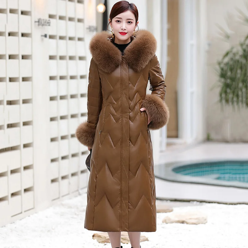 

M-7XL Women Leather Down Overcoat Winter Fashion Real Fox Fur Collar Cuff Hooded Long Sheepskin Coat White Duck Outerwear