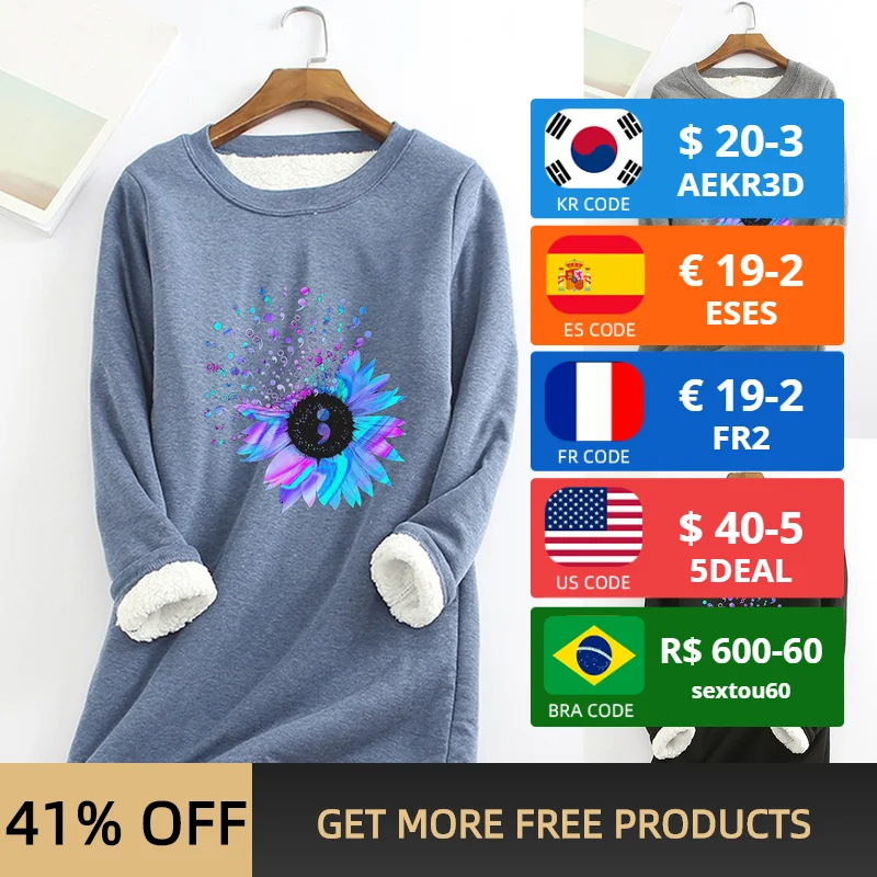 

Winter Spring Warm Aesthetic Tees Women Thicken Fleece Puzzle Sunflower Printed T-shirts Casual O-Neck Bottoming Top Ropa A40