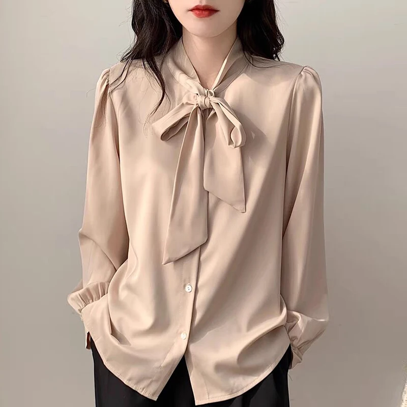 

Autumn Women's Long Sleeved V-neck Vintage Lantern Sleeve Solid Bow Commuter Versatile Chiffon Shirt Women Tops Blouse A274