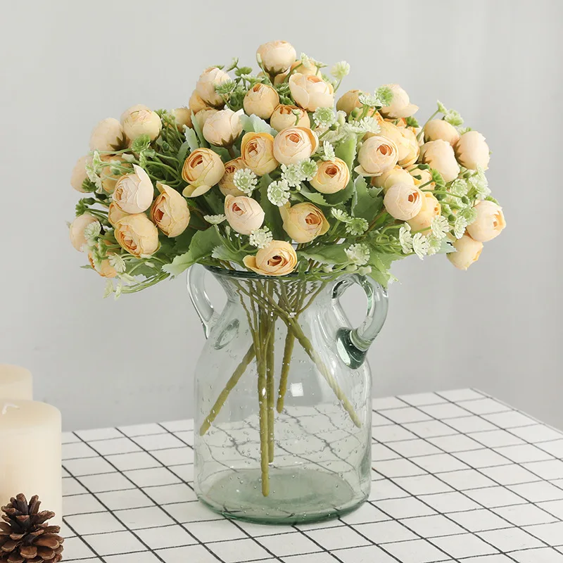 

15 Heads Snowflake Tea Buds Rustic Wedding Decor Photo Studio Props Fake Flowers Simulation White Rose Bouquet Artificial Flower