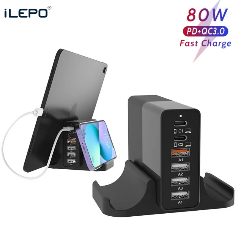 

80W USB Charger MultiPort USB Charging Station Fast Charge Desktop PD TypeC Power Adapter 6 Ports QC3.0 for iPhone Huawei Xiaomi