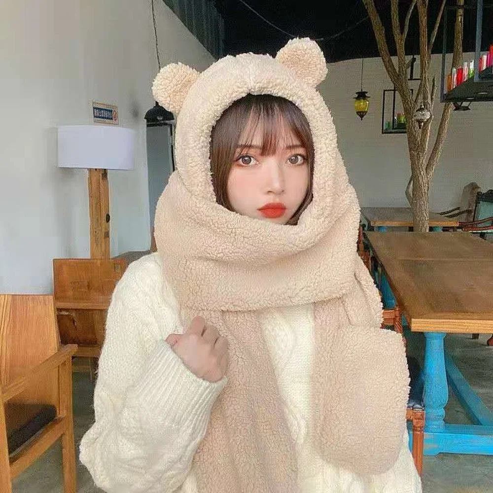 

Winter Scarf Gloves Bear Ears Hats Solid Fleece Earflap Balaclava for Women Girls Plush Beanies Skullies Caps Bonnet Femme