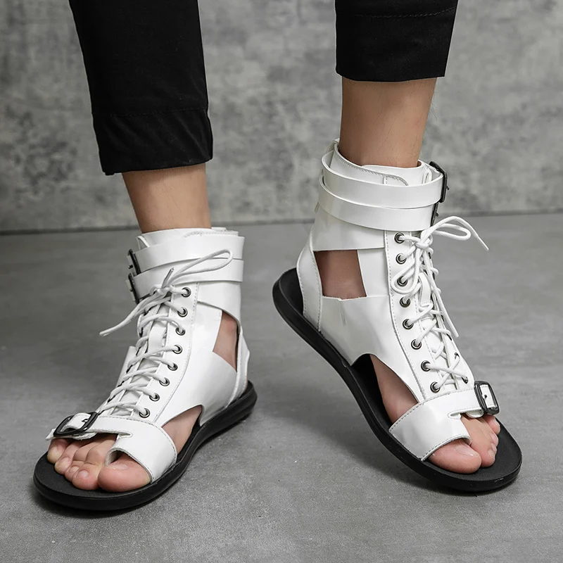 2022 Summer Fashion White High-top Sandals Men Flat Leather Roman Sandal Man Lace-up Casual Designer Shoes Men sandalias hombre
