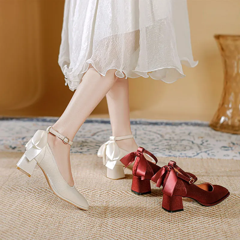 

Women Red High Heels 5CM Shoes bow Square Toe Pumps Mary Jane Shoes Square heel wedding party Dress Pumps A26-64