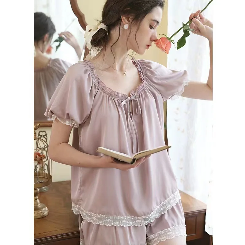 Ice silk pajamas lace trim short-sleeved shorts pajamas palace style woman pijama set womens two piece sets