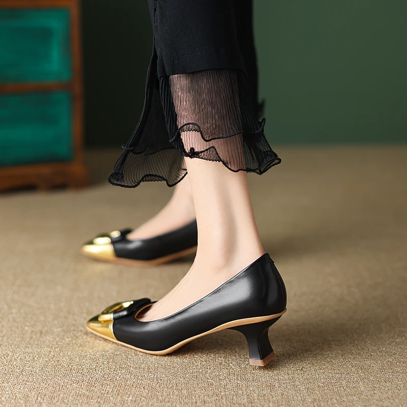 Spring and Autumn Square Head Women's Shoes Cowhide Spliced High Heel Thin Heel Square Button Women's Shoes